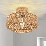KMaiPem Boho Rattan Deckenlampe Wohnzimmer, 1 Licht Handgewebter Klein Deckenleuchte Schlafzimmer, Natürliche Bauernhaus Holz Deckenleuchten für Küche, Eingangsbereich, F