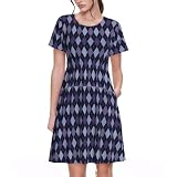 Pevtufa Kurzärmeliges Damenkleid mit Eule in Blau, lässiges T-Shirt-Kleid für Arbeit, Reisen, Violette und blaue Quadrate, 3XL