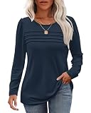 WNEEDU Damen Langarmshirt Rundhals Lässige Lose Pullover Damen Trendy Falten Puffärmel Sweatshirt Herbst Winter Puli Oberteile Bluse Tunika Tops Marineblau S
