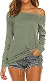 Lalala Carmen Shirt Damen Langarm Oberteile Schulterfreie Basic Tunika Tshirts Lässige Kleidung Erbsengrün M