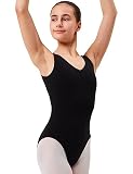 tanzmuster Ballett Trikot Mädchen ärmellos - Mona - Baumwolle - Schwarz 164/170 - geraffter Ausschnitt - schwarzer Tanz Body - Ballettkleidung fü