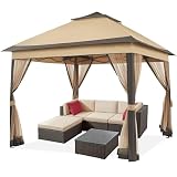 Yaheetech Pavillon 3,3x3,3m Wasserdicht Stabil Pop Up Faltpavillon, Höhenverstellbar Gartenpavillon mit 4 Moskitonetz Seitenteilen & Doppeldach Partyzelt inkl. Tragetasche, Khaki+B