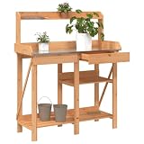 Garden Pflanztisch mit verzinkter Arbeitsplatte, Outdoor Blumentisch Gärtnertisch wetterfest Holzpflanztisch mit Abstellböden & Schublade, 110 x 45 x 125 cm Braun Massivholz T