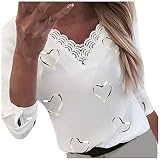 Masrin Damen Tops Mode Liebe Herz Bedrucktes T-Shirt V-Ausschnitt Spitze Patchwork Pullover Langarm Lose Bluse(L,Weiß)