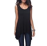 Dreamskull Damen Frauen T Shirts Oberteile Blusen Tops Tunika Tuniken Longshirt Lang Basic Rückenfrei Ärmellos Asymetrisch Baumwolle Sommer Alltag Casual Locker Lässig Stretch S-3XL (M, Schwarz)