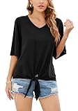 SUEANI Damen-T-Shirt mit Schnürung vorne, V-Ausschnitt, 3/4-Ärmel, gedrehter Knoten, Schwarz, M