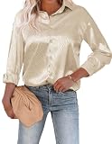 Beyove Bluse Damen Lässiges Hemd mit V-Ausschnitt Satin Seide Lockere Passform Oberteil Elegant Champagner Muster S