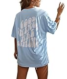 Tomwell T-Shirt Damen Kurzarm Sport Sommer Oberteile Oversize Tshirt mit Buchstaben Muster Lose Rundhals Rückendruck Bluse Teenager Mädchen Tunika Lang Top D Blau S
