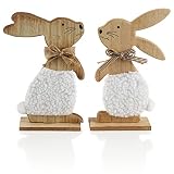 com-four® 2X Deko-Hase aus Holz - Aufsteller für Ostern - Hasen-Paar mit Schleife - Osterdekoration aus Holz zum Hinstellen - Deko-Holzaufsteller (2 Stück - Hase mit Pelz)