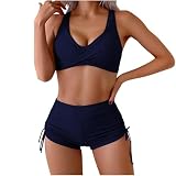 Bikini Damen Set Sexy Badeanzug Einfarbig Hosenträger Push Up Bikinioberteil und Hohe Taille Boxer Badeshorts Zweiteilig Badeanzug mit Hotpants Split Swimsuit Für Sonnenbaden und Wassersp