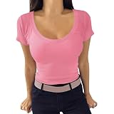 Damen-T-Shirt mit Rundhalsausschnitt kurzen Ärmeln, Slim-Fit-Kollektion geripptem Strick Netzshirt Schwarz T Shirt Damen Kurzarm Baumw