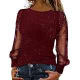 T-Shirt Damen Oversize Langarm - Pailletten Oberteil Damen Karneval Transparent Spitzen Langarmshirt Rundhalsausschnitt Glitzer-Shirt Klassisch Longshirt Große Größen Blusen Lässig