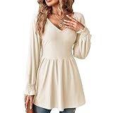 BKEPDY Damen Puff Langarm Plissee Tunika Tops Lose V-Ausschnitt Bluse Lässige Tunika Rüschen Top mit Gesmokten Bündchen Lose Tops Tuniken für Damen (XL)