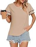 Kate Kasin Damen-T-Shirt mit Volant-Ärmeln, Rundhalsausschnitt, Freizeitoberteil, Schlüsselloch-Rücken, Sommerbluse, Locker sitzende, einfarbige Pullover-Oberteile, Braun, XL