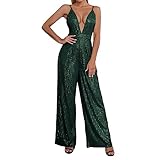 Jumpsuit Damen Overall Mit Pailletten Ärmellos Tiefer V-Ausschnitt Offener Rücken Träger Latzhose Sommer Lang Playsuit Hosen Romper Und Hoher Taille (Grün,L)