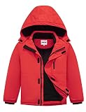 UMMTOM Wasserdichte Skijacke für Jungen, mit Fleece gefüttert, warm, Winterjacke mit Kapuze, Winterjacke für Kinder (einfarbig, rot, Größe 5–6)