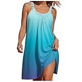 Lässiges Kleid für Damen, Sommerkleid, Boho, Casual, Sommerkleid, kurzärmelig, Leinen, Baumwolle, tropisch, Sommer, A-Linie, locker, kurzer Rock, Reißverschluss, Himmelblau, XXXL