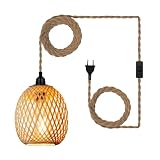 Hängelampe Lampenschirm mit Stecker Outdoor Lampe Hängend Boho Rattan Deckenlampe Hängeleuchte Bambus Deko Deckenleuchte Esstisch Lampen Hängelampen Pendelleuchte 450cm Kabel für Schlafzimmer Kü