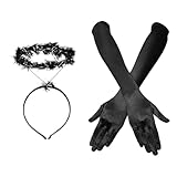 YUNHENTONG Engel Schwarz Halloween Kostüm Zubehör, Engel Heiligenschein Haarreifen, Schwarze Handschuhe, Engel Kostüm Zubehör Schwarz für Damen Halloween Cosplay