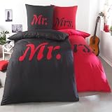 Kuscheli® 4-teilig Partner Bettwäsche 135x200 mit 80x80 Kissenbezug | ÖkoTex Zertifiziert | seidig weich, Mikrofaser Bettwäsche für Paare, Farbe:MR-MRS schwarz-rot, Größe:135x200 + 80x80