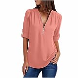Damen V-Ausschnitt Bluse mit Reißverschluss Elegant Einfarbig Langarmshirt Chiffon Longbluse Große Größen Shirts Tunika Tops Slim Fit T-Shirt Leichte Hemdbluse Chiffon Bluse Damen Elegant B