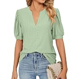 Damen T-Shirt Sommer Modische V-Ausschnitt Einfarbig Perforiert Kurzarm Elegantes Casual Outfit Oberteile Türkis XXL