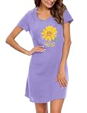 ENJOYNIGHT Nachthemd Damen Sommer Baumwolle Schlafshirt Printed Kurzarm Sleepshirt T-Shirt Schlafhemd Frauen Nachtwäsche Nachtkleid(Large-X-Large,Lila-Blume)