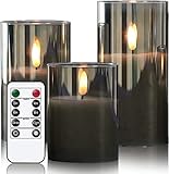 Eldnacele LED Kerzen mit Timerfunktion, flammenlose Kerzen mit Fernbedienung, elektrische Echtwachskerzen im Glas, flackernde Flamme 3-teilige led Kerzen-Set, Art Zimmer Deko, G