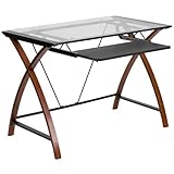 Flash Furniture Computertisch, Schreibtisch mit Oberfläche aus klarem Glas, stabiler Arbeitstisch mit Gestell aus Kirschholz und schwarzer, glatter Tastaturschublade, 66,3 x 90,2 x 75,6