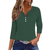 CGGMVCG Oberteil mit 3/4-Ärmeln für Damen, modisch, lässig, einfarbig, geknöpft, Dreiviertelärmel, Damen-Shirt, grün, XL