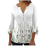 sonderangebote & Restposten Longshirt Damen Elegant V-Ausschnitt Tunika Shirt Lässige 3/4 Ärmel Oberteile Vintage Baumwolle Bluse Tops Schön Blumen Druck Sommershirts Plissiert T-S