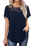 Florboom Tshirt Damen Sommer Kurzarm Rundhals Elegant Mit Spitze Oberteil Bluse Marineblau XL