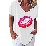 Masrin Damen Sommer Oberteile Vintage T-Shirt mit Lippen-Print Kurzärmlige, lockere Tunika-Bluse mit V-Ausschnitt(XL,Weiß)