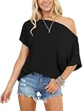 Mcnlyce Longshirt Damen One Shoulder Oberteil Carmen Shirt Sexy Sommer T Shirts Elegant Basic Tshirt Oversized Kurzarm Baumwolle Bluse Schwarz XL