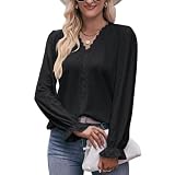Neues Damen-T-Shirt mit Lochspitze, V-Ausschnitt, langärmliges Oberteil - Schwarz - L