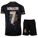 PraiseLight R. Madrid #7 Heim Schwarz Drache Limitierte Sonderedition Kinder Trikot mit Kurz, Fußball Geschenk Set Jugendgrößen (Schwarz, 152 (8-9 Jahre))