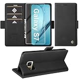 Giyer Handyhülle für Samsung Galaxy S7 Hülle mit Schutzfolie, Schutzhülle Galaxy S7 Standfunktion Premium Leder Wallet Silikon Phone Case Cover Hüllen S7 Klapphüllen 5.1 Zoll (Schwarz)