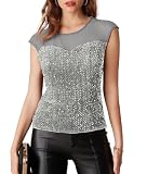 GRACE KARIN Damen Pailletten Oberteil Elegant Sequined Cropped Tops Sexy Glitzer Bluse für Weihnachten Party S Silb