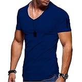 Jungerhouse Herren Sommer T-Shirt Basic V-Ausschnitt Kurzarm Casual Einfarbig Tops Slim Fit (XXL,Tiefes Blau)