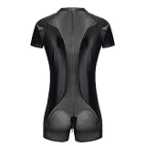Cexiakong Herren Latex Bodysuit Mesh Patchwork Set Metallic T Shirt Schwarz Leder Optik Unterhemd Stehkragen Jumpsuit eng Overall Catsuit mit Zip Kurzarm Unterwäsche O