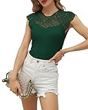 Hount Oberteil Spitze Damen Shirt mit Spitze Einfarbig Vintage Spitzentop Rücken Knopfleiste (XXL, Dunkelgrün)