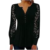Spitze Bluse Damen Elegant Blusen Spitzenärmel Oberteile Langarm T-Shirt Sexy Aushöhlen Pullover Shirt Langarmshirt Einfarbig Tunika Tops V-Ausschnitt S