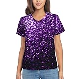 HUIKGIER Schöner violetter Glitzerdruck für Damen, lässig, elegant, lässig, kurzärmelig, Pullover, T-Shirts, Bluse, V-Ausschnitt, Schwarz , L