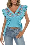 YZXDORWJ Mexikanisches Damen-Shirt, bestickt, schulterfrei, Spitze, Falbala-Top, 462bl,