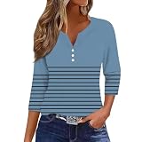 Trendiges Damen-T-Shirt, lässig, 3/4-Ärmel, V-Ausschnitt, Knopf, elegante T-Shirts, Tunika, lockere Passform, zum Ausgehen, blau, S