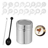 1 Stücke Kakao-Streuer aus Edelstahl Edelstahl-Pulver Streuer für Kaffee Puderzucker Kakao, Mehlstreuer Puderzucker Streuer mit 16 Pcs Kaffee Cappuccino Schablonen,1 Löffel und 1 C