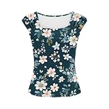Ekiregaii Damen-Tank-Top, karierter Ausschnitt, Rüschen, breiter Träger, Camisole mit Blumendruck, ärmellos, Sommer-T-Shirt, elegantes Unterhemd, normale Passform, Basic-Cami-Shirt, Strand,