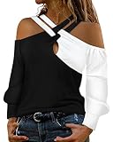 Onsoyours Damen Sweatshirt Schulterfrei Oberteile Sexy Glitzer Spitze Langarmshirt Bedruckt Elegant Pullover Jumper Streetwear F3 Weiß L