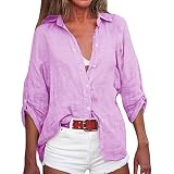 Damen Leinenbluse 3/4 Arm Hemdbluse Elegant Musselin Bluse Mode mit Tasten Freizeit Locker Strickjacken Oberteile Lose Leinenhemd Leinen Blusen Sommer B