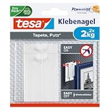 tesa Klebenagel für Tapeten und Putz / Selbstklebende Nägel für empfindliche Oberflächen / Leicht anzubringen und zu entfernen - Rückstandslos / 2 x 2kg Halteleistung